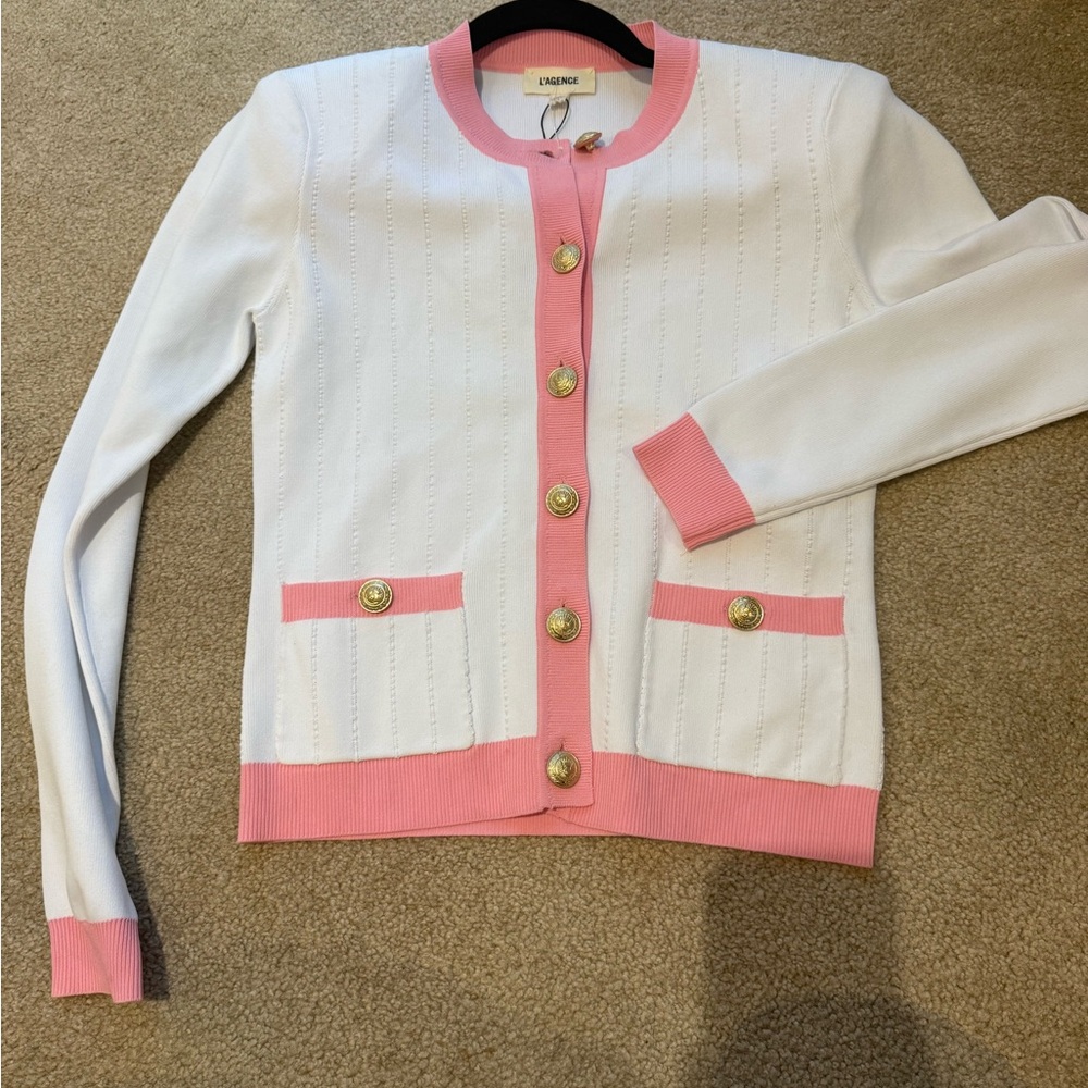 L'AGENCE White and Pink Cardigan